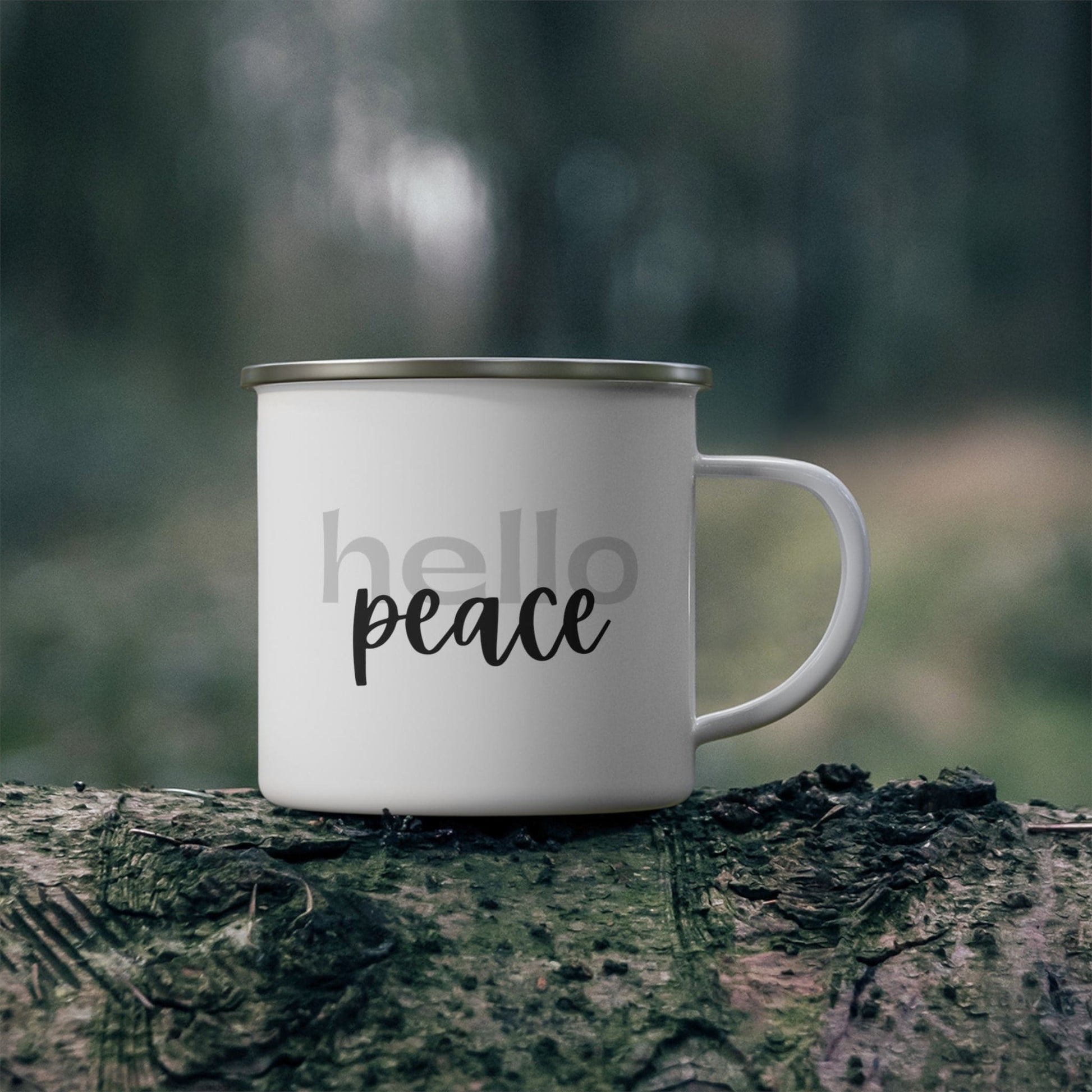 Enamel Camping Mug - Hello Peace Motivational Peaceful Aspiration - Grey/black-3